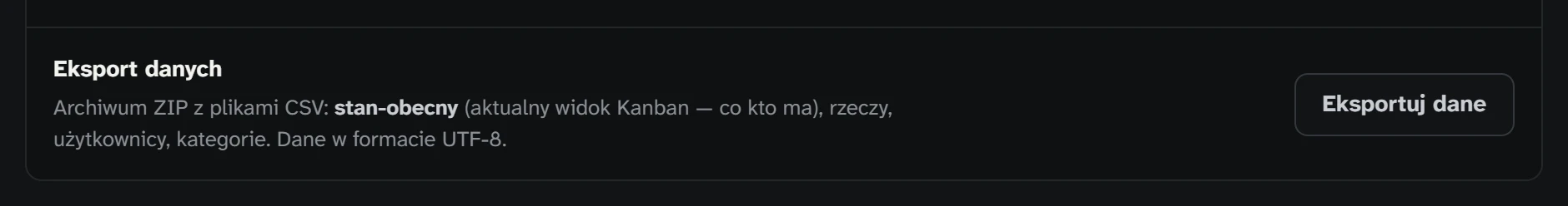 Opcja „Eksport danych” w ustawieniach firmy: archiwum ZIP z plikami CSV