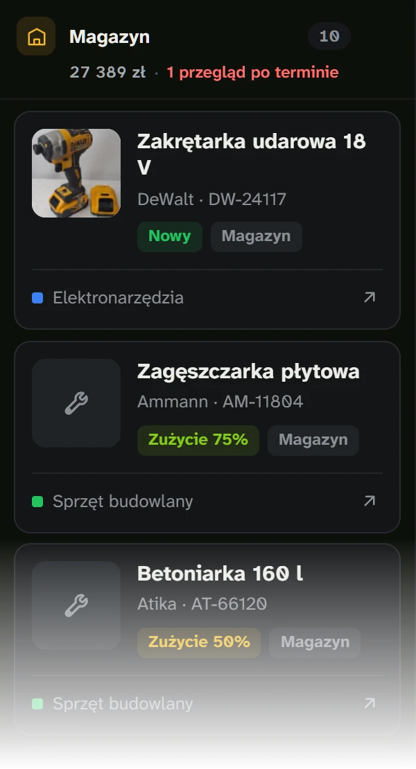 Kolumna Magazyn w sprzet.app: karty sprzętu ze zdjęciem, stanem zużycia i kategorią