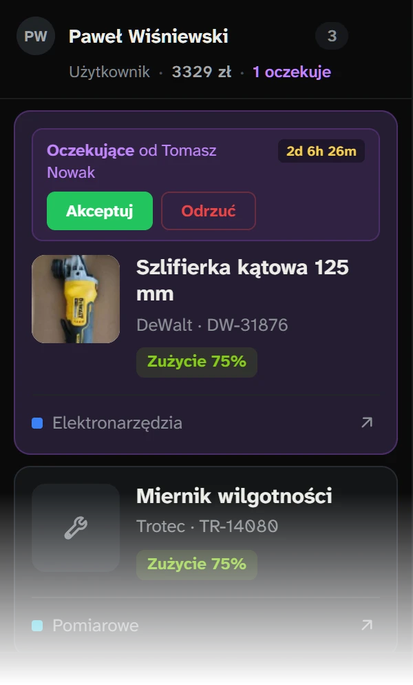Szlifierka kątowa czekająca na potwierdzenie odbioru: przyciski „Akceptuj” i „Odrzuć” oraz czas do automatycznego potwierdzenia