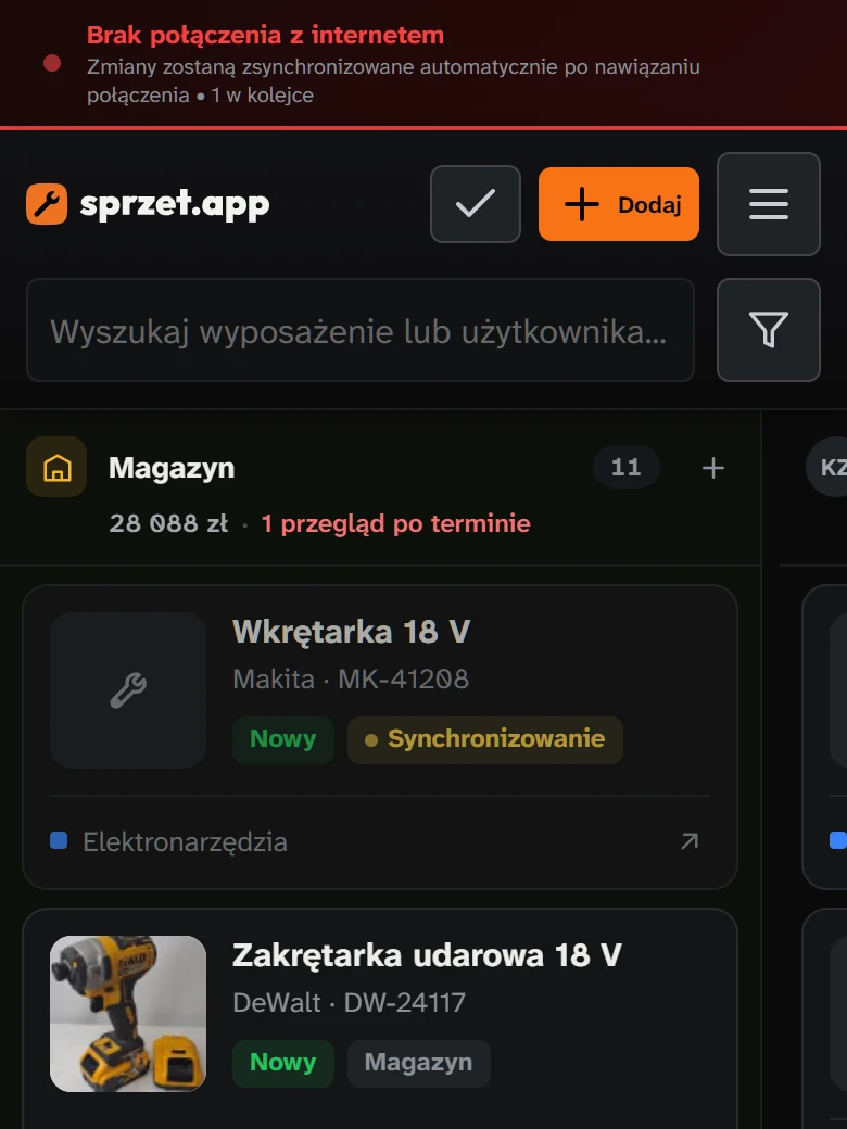 Aplikacja bez zasięgu: komunikat o braku połączenia i rzecz czekająca na synchronizację