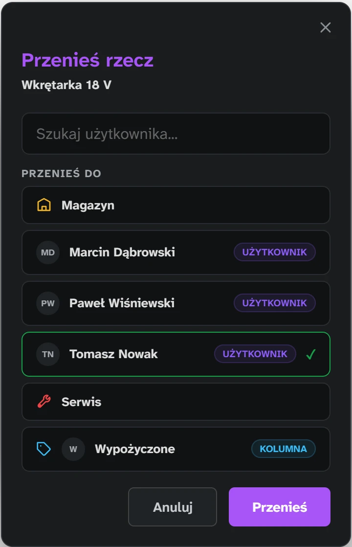 Okno „Przenieś rzecz” na telefonie: wybrany odbiorca na liście pracowników, magazynu, serwisu i kolumny pomocniczej
