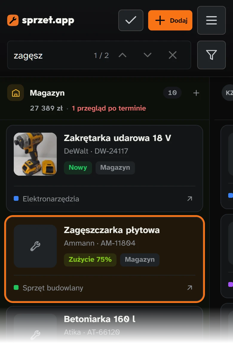 Wyszukiwanie „zagęsz” na telefonie: wynik 1 z 2 podświetlony na tablicy