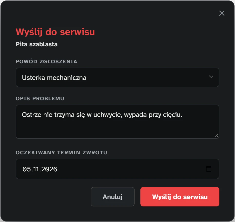 Formularz „Wyślij do serwisu”: powód zgłoszenia, opis problemu i oczekiwany termin zwrotu